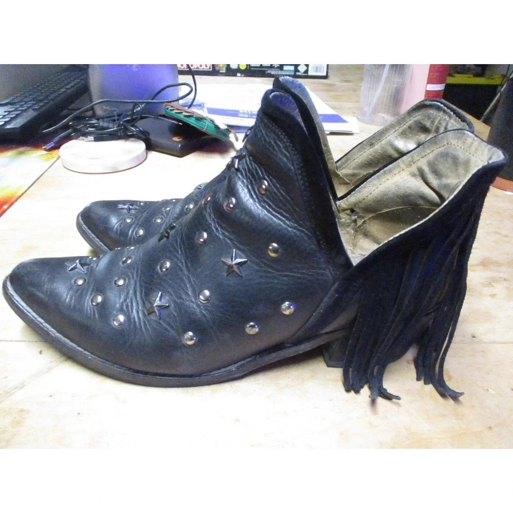Black‎ Leather Star Studded Pointed Toe Ankle Boots Leopard Print Lining Womens